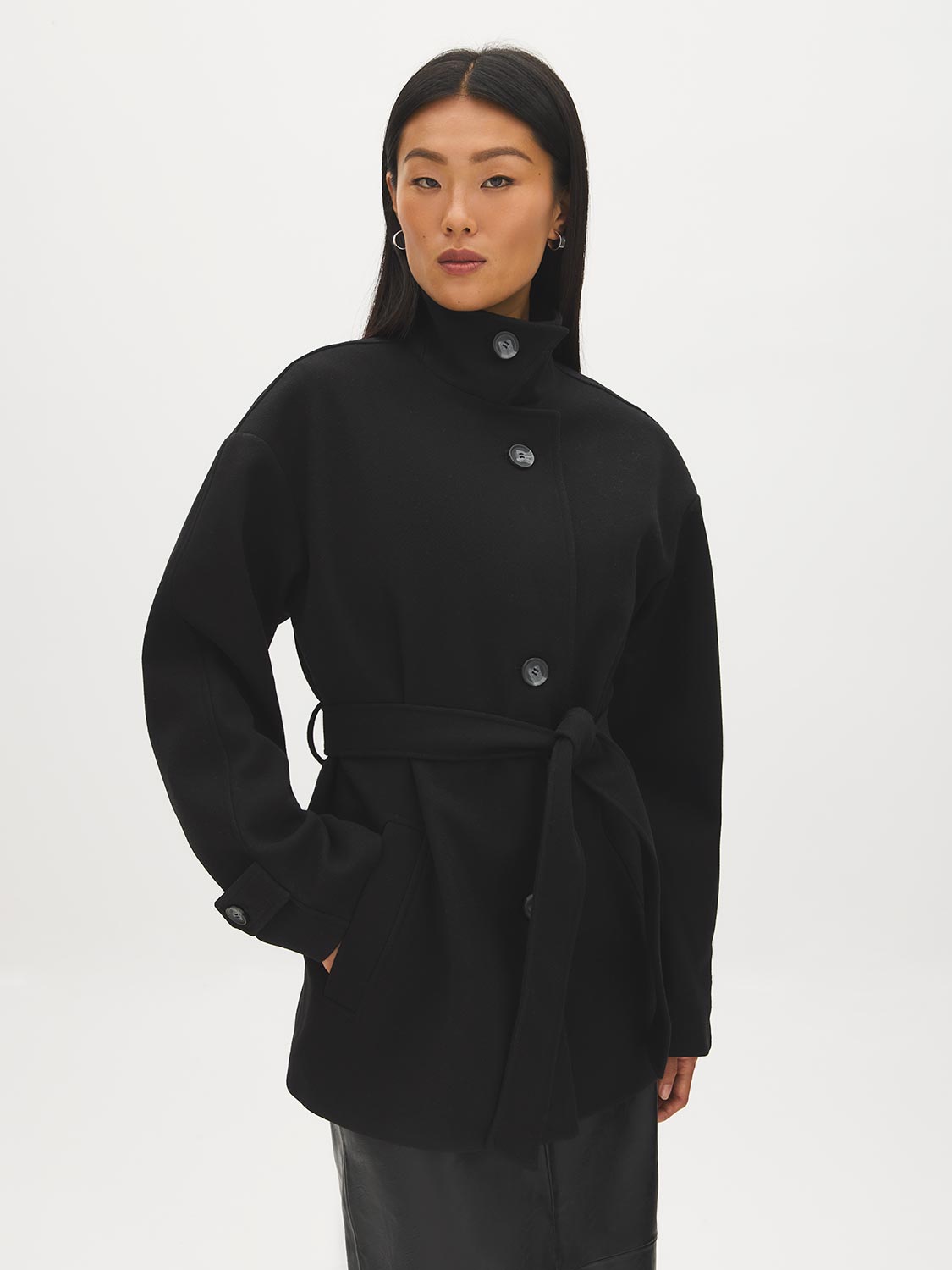 Taupe Melange Faux Wool Short Wrap Coat with Funnel Neck - Woman Wearing Tailored Outerwear - Suzy Shier