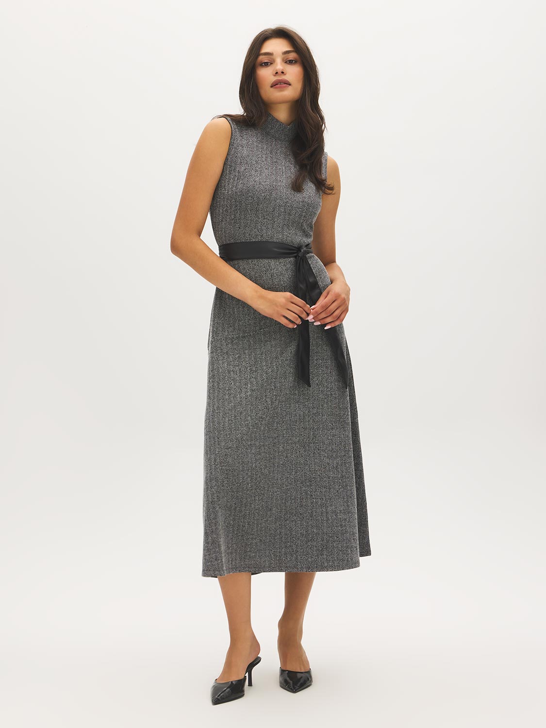 Jet Black/Light Grey Herringbone Textured Knit Mock Neck Dress with Belt - Front View - Suzy Shier