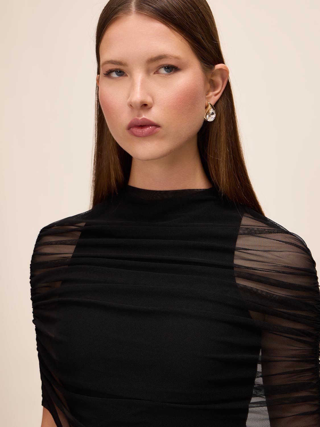 Black Knit Crepe Sheath Dress with Mesh Cape Overlay - Close-up Fabric Detail - Le Chateau
