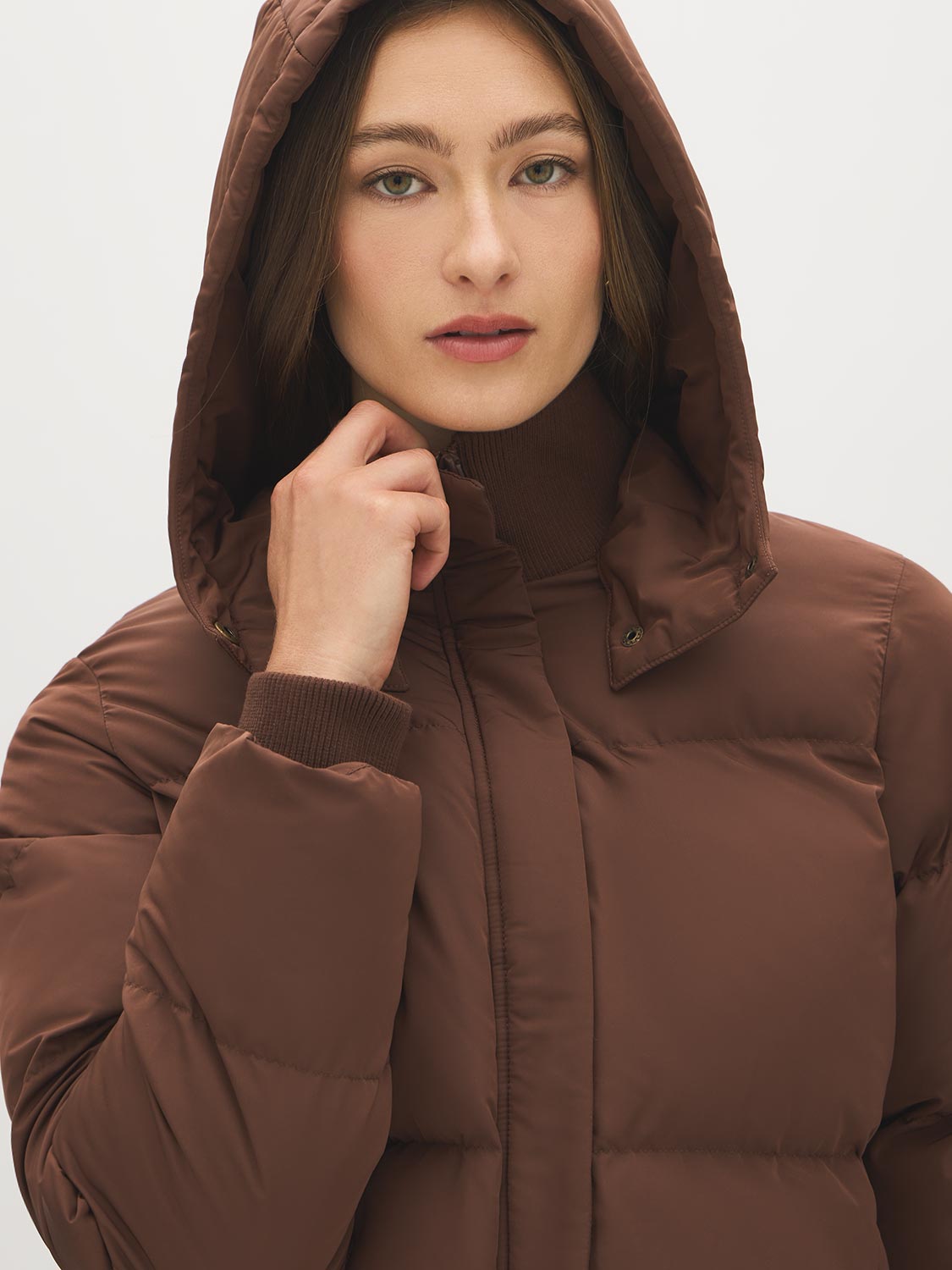 Brown Short Puffer Jacket with Hood - Hood Detail - Suzy Shier