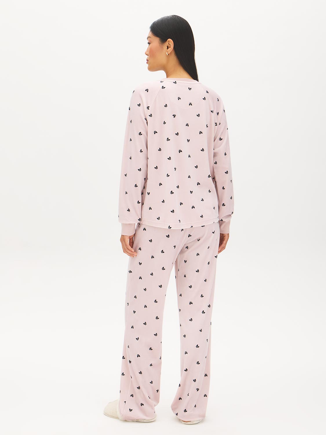 Cloud Gray Velour Bows Print PJ Set - Back View - Suzy Shier