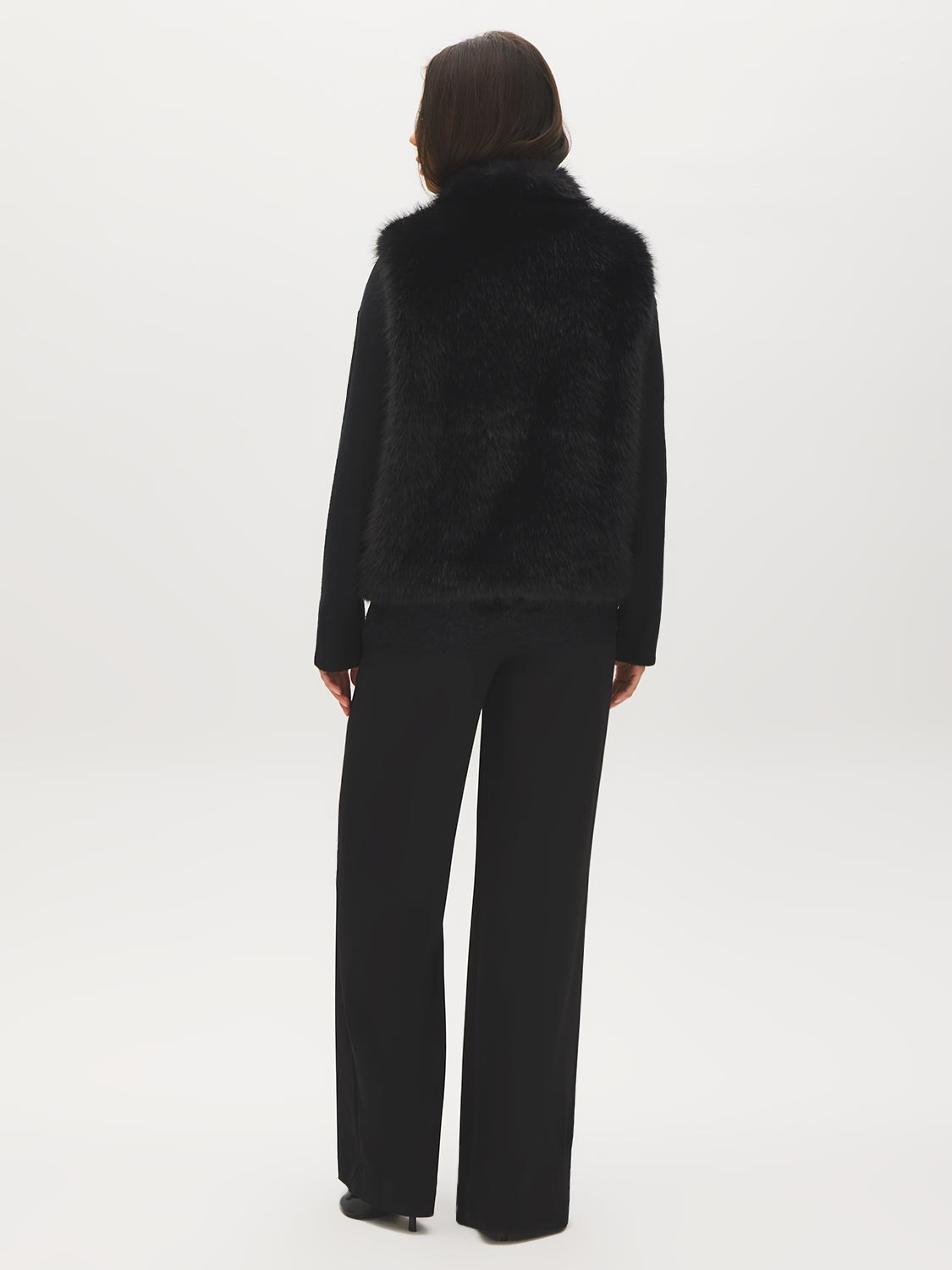 Black Faux Fur Vest with Leather Detail - Back View - Suzy Shier