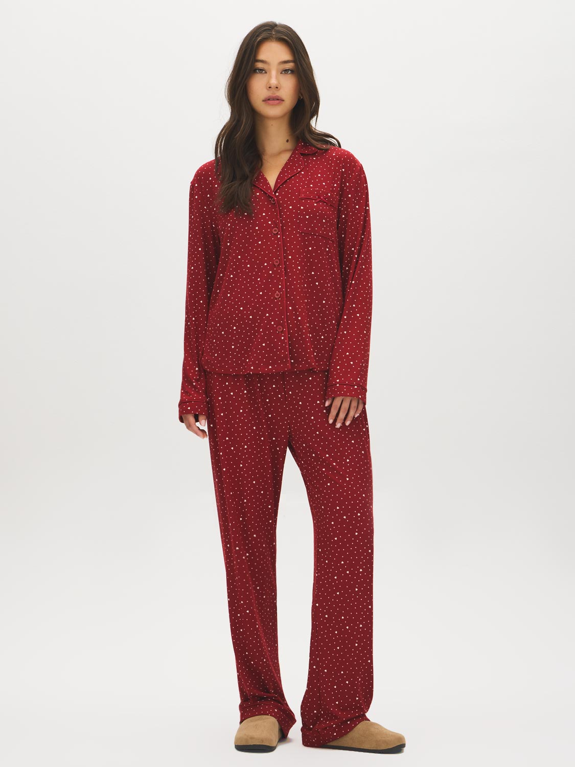 Winery Dots and Hearts Print PJ Set - Woman Wearing Cozy Knit Pajamas - Suzy Shier