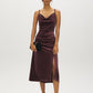 Dark Raisin Cowl Neck Velour Knit Dress - Woman Wearing Midi Dress with Front Slit - Suzy Shier