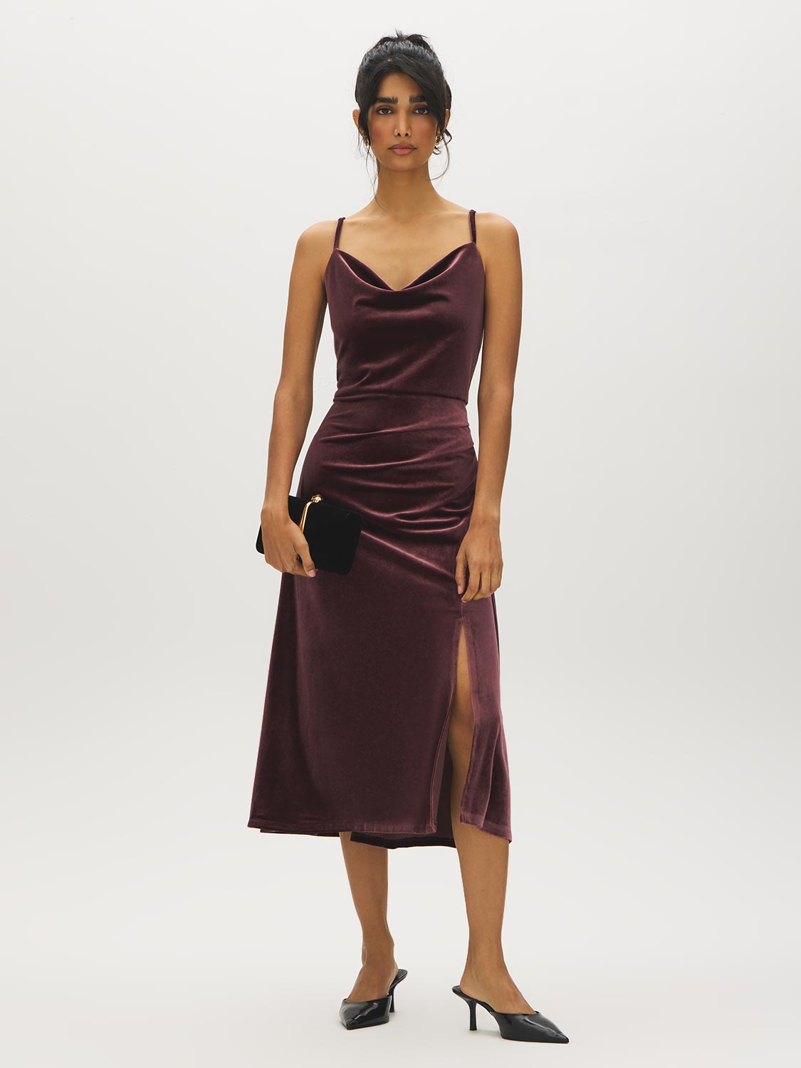 Dark Raisin Cowl Neck Velour Knit Dress - Woman Wearing Midi Dress with Front Slit - Suzy Shier