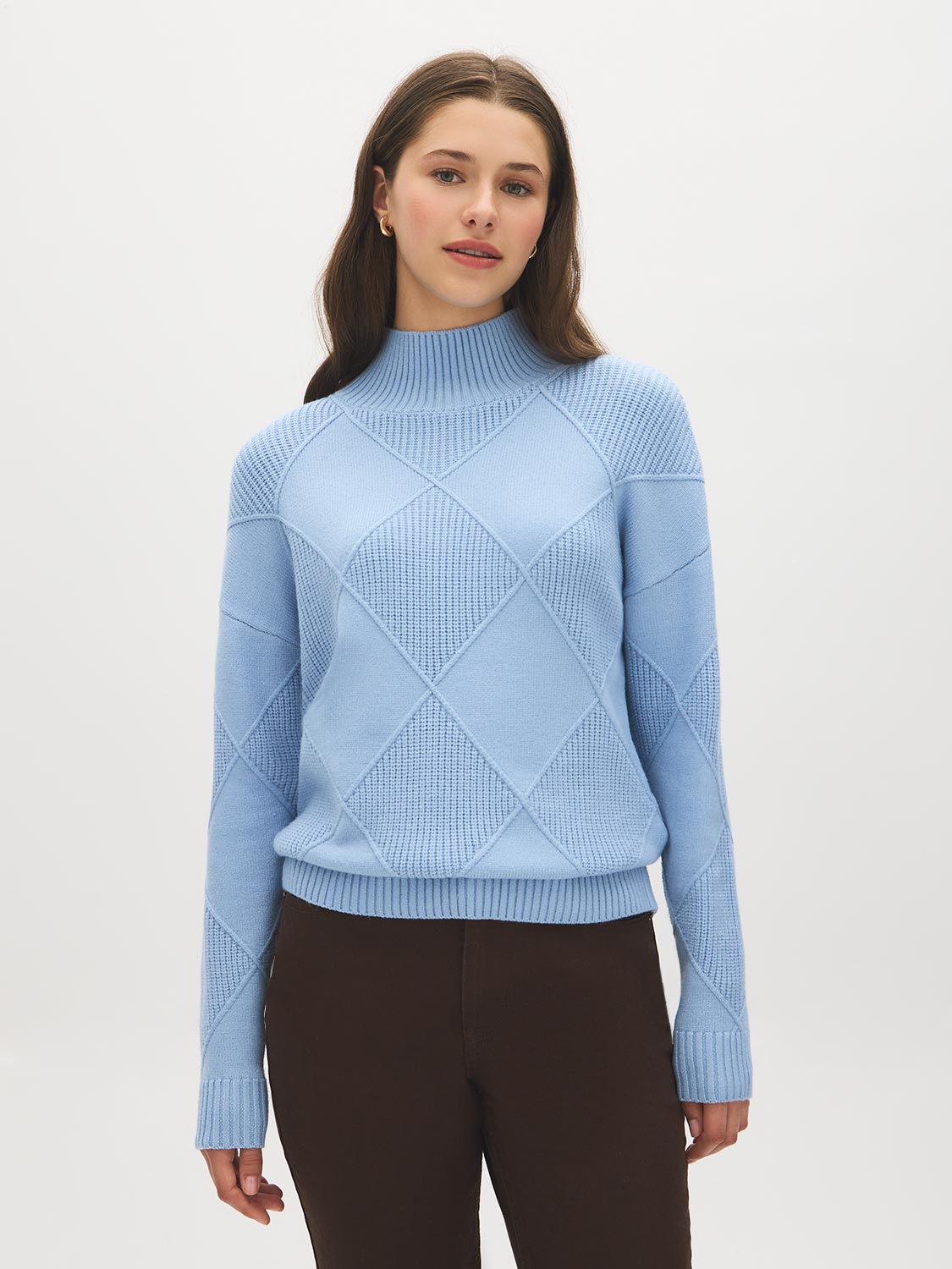 Soft Blue Mock Neck Sweater with Diamond Pattern - Woman Wearing Textured Knit Sweater - Suzy Shier