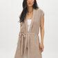 Tan Melange Sleeveless Ribbed Shawl Collar Vest - Woman Wearing Belted Knit Vest - Suzy Shier