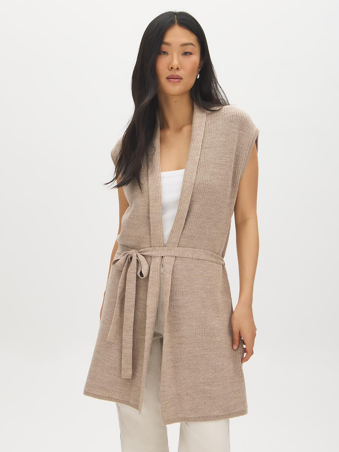 Tan Melange Sleeveless Ribbed Shawl Collar Vest - Woman Wearing Belted Knit Vest - Suzy Shier