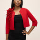Red Knit Crepe Bolero with Side Ruffle - Woman Wearing Formal Cover-Up - Le Chateau