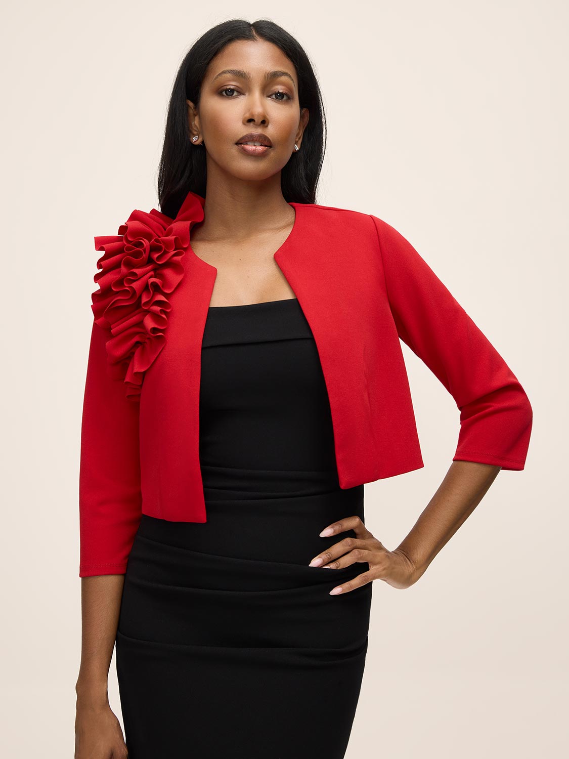 Red Knit Crepe Bolero with Side Ruffle - Woman Wearing Formal Cover-Up - Le Chateau