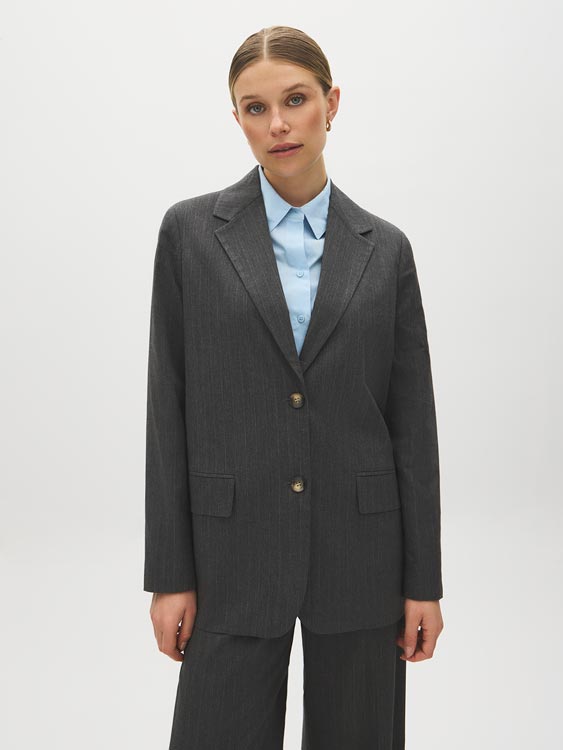 Charcoal/White Pinstripe Two-Button Blazer - Woman Wearing Classic Pinstripe Blazer - Suzy Shier