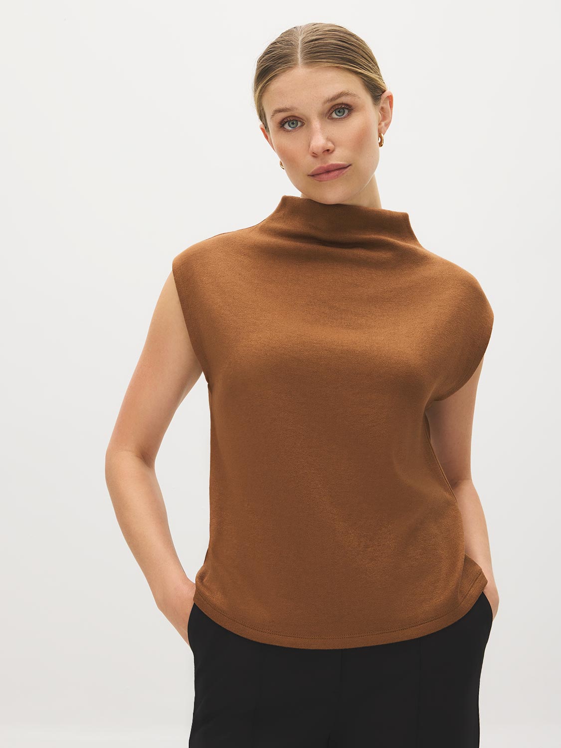 Bison Sleeveless Mock Neck Sweater Top - Woman Wearing Soft Knit Top - Suzy Shier