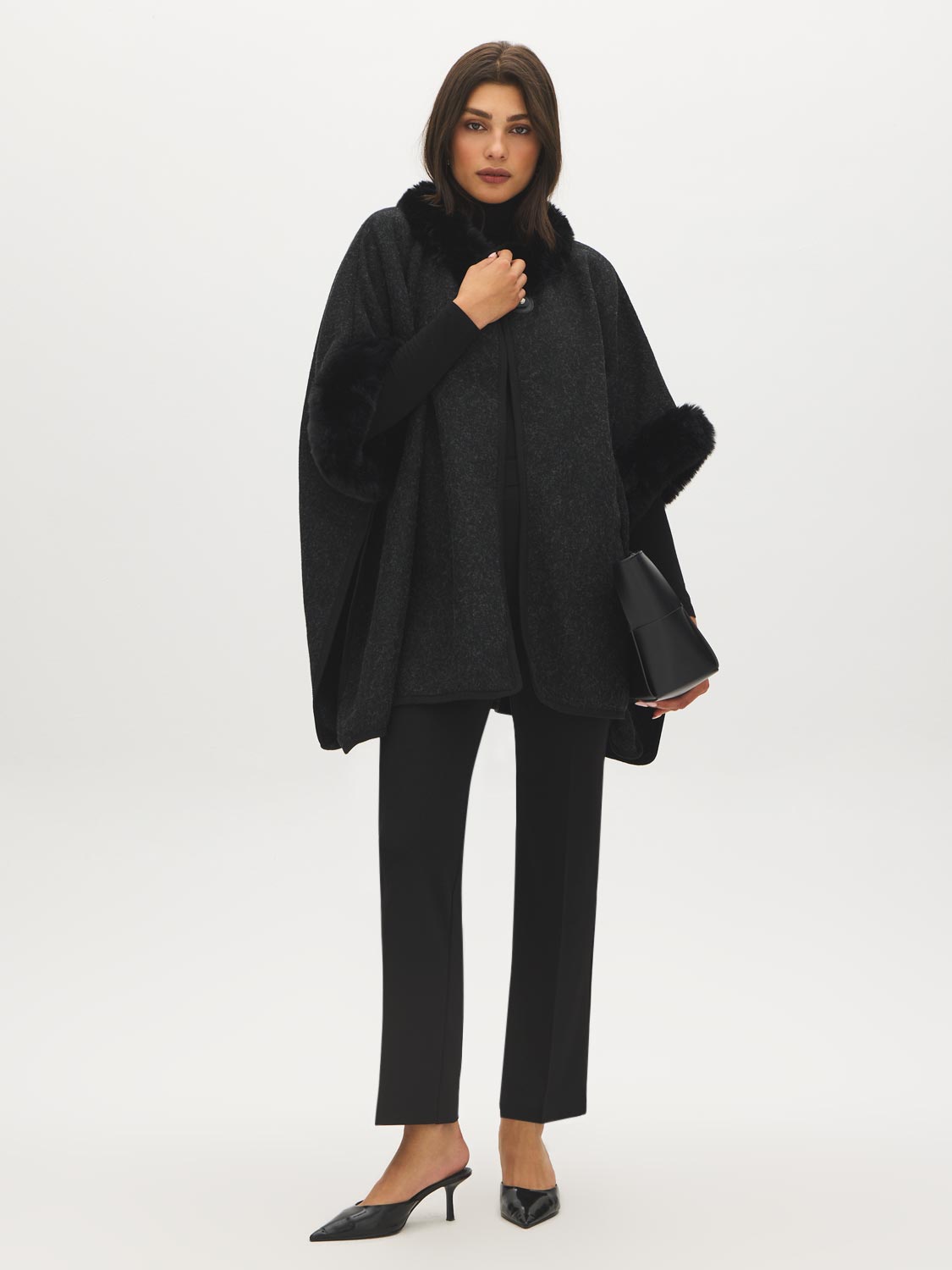 Black Knit Cape with Faux Fur Trim - Front View - Suzy Shier
