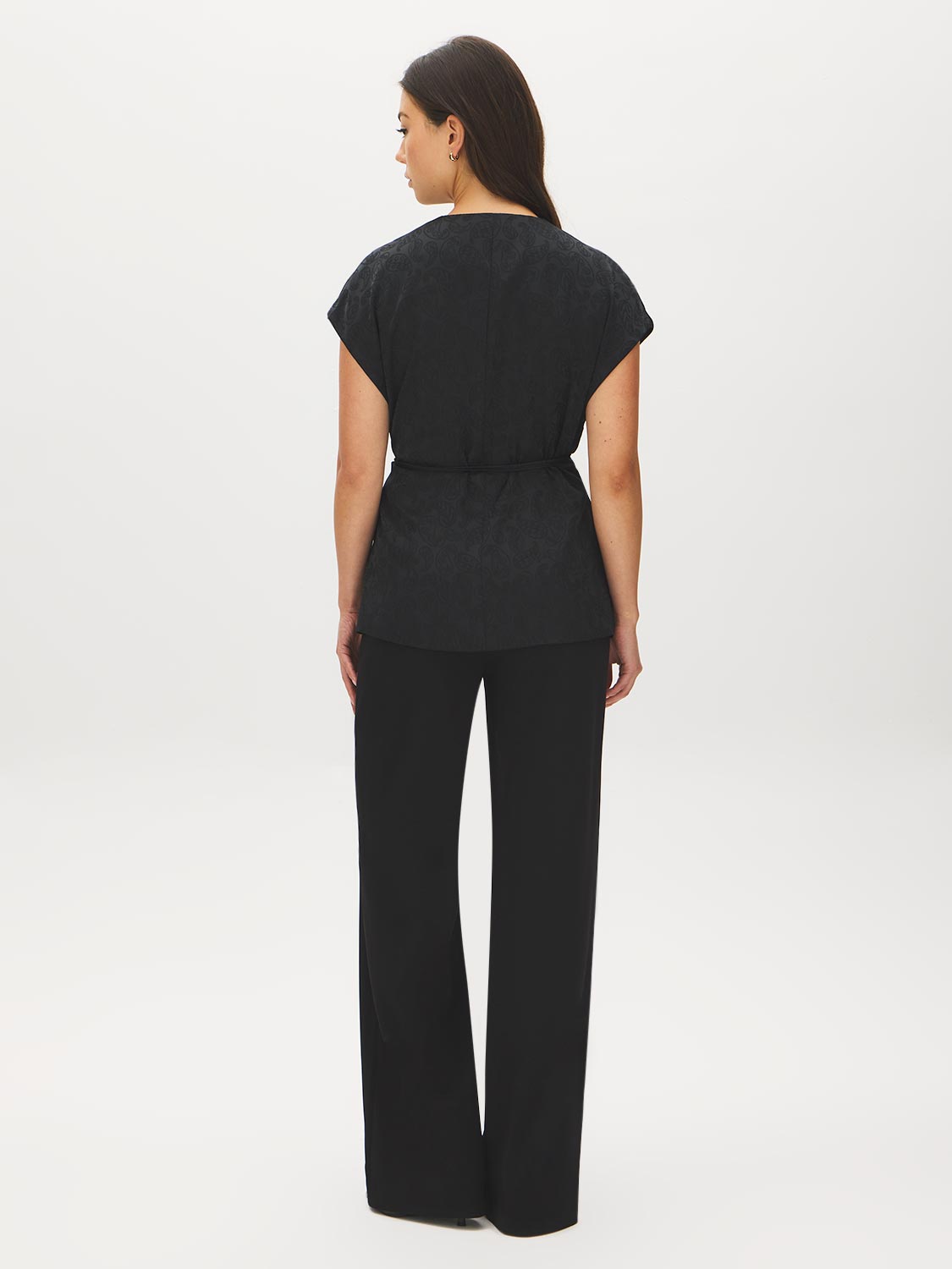 Black Kimono Wrap Blouse with Waist Tie - Back View - Suzy Shier