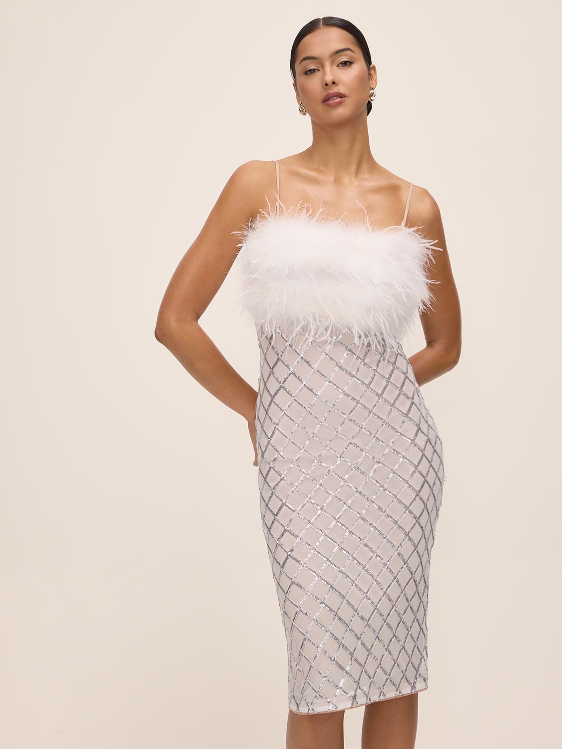 Silver/Antique Cream Sequin Mesh Midi Dress - Front View - Le Chateau