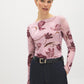 Dusty Pink Floral Mesh Boat Neck Top - Woman Wearing Long Sleeve Printed Top - Suzy Shier