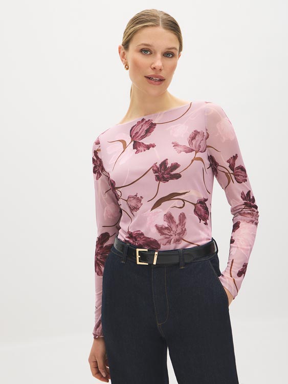 Dusty Pink Floral Mesh Boat Neck Top - Woman Wearing Long Sleeve Printed Top - Suzy Shier