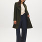 Olive Asymmetrical Zip Front Faux Wool Coat - Woman Wearing High Collar Winter Outerwear - Suzy Shier