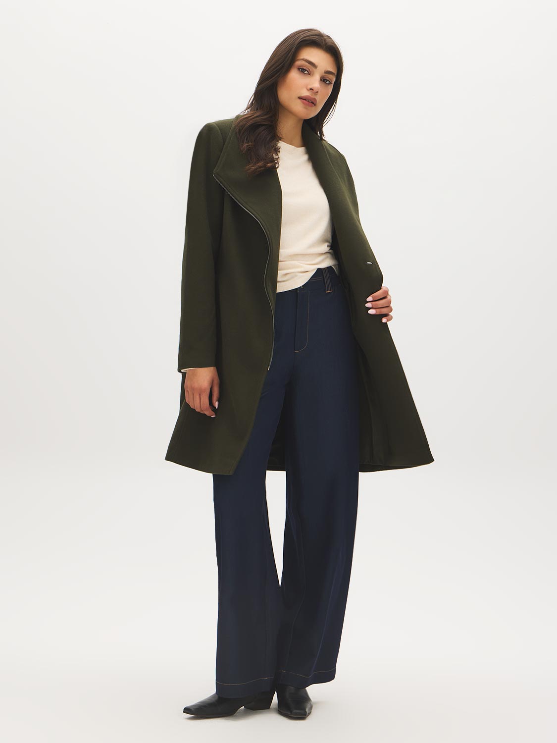 Olive Asymmetrical Zip Front Faux Wool Coat - Woman Wearing High Collar Winter Outerwear - Suzy Shier
