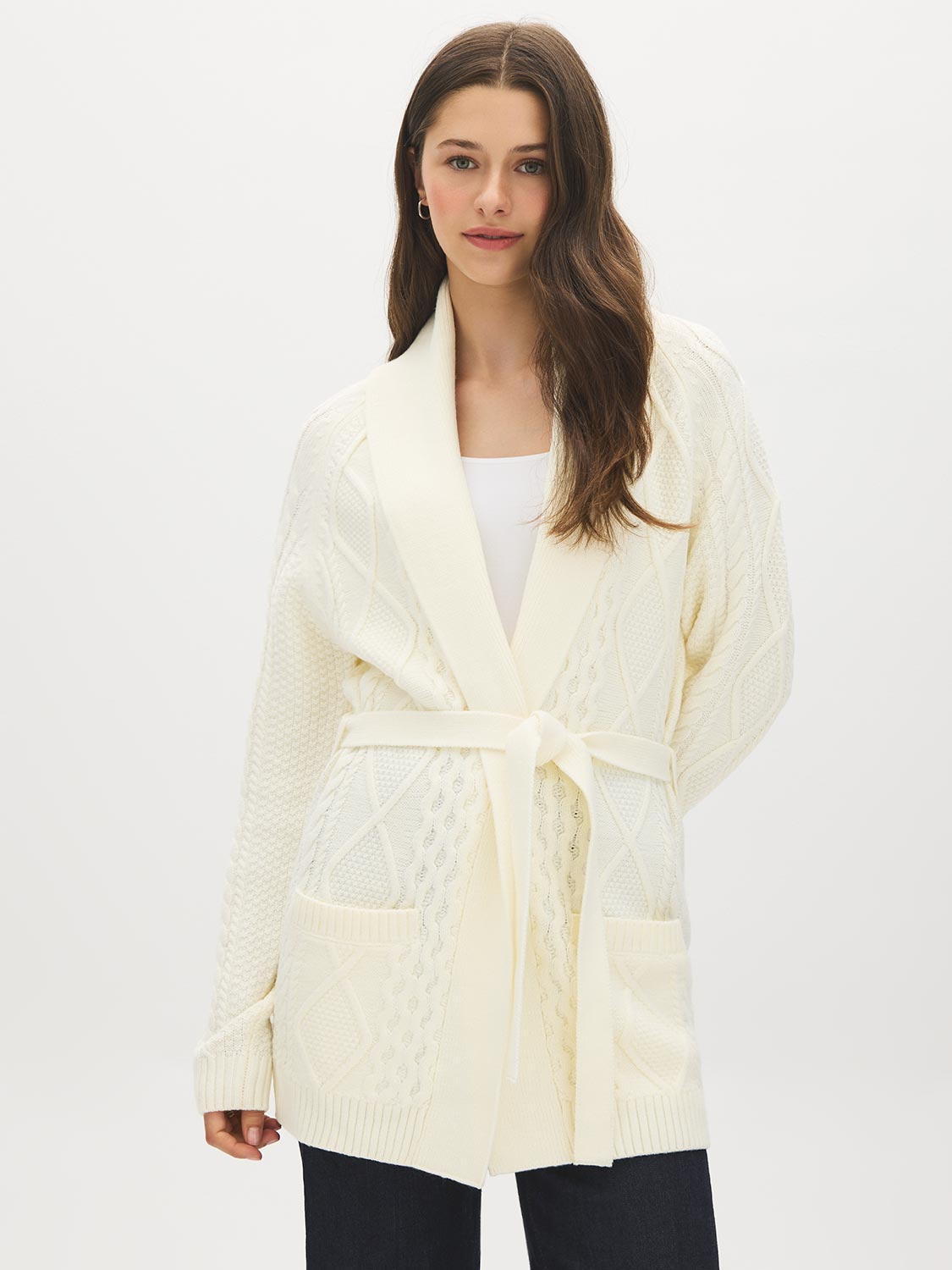 Rice Cable Knit Shawl Collar Sweater - Woman Wearing Belted Knit Duster - Suzy Shier