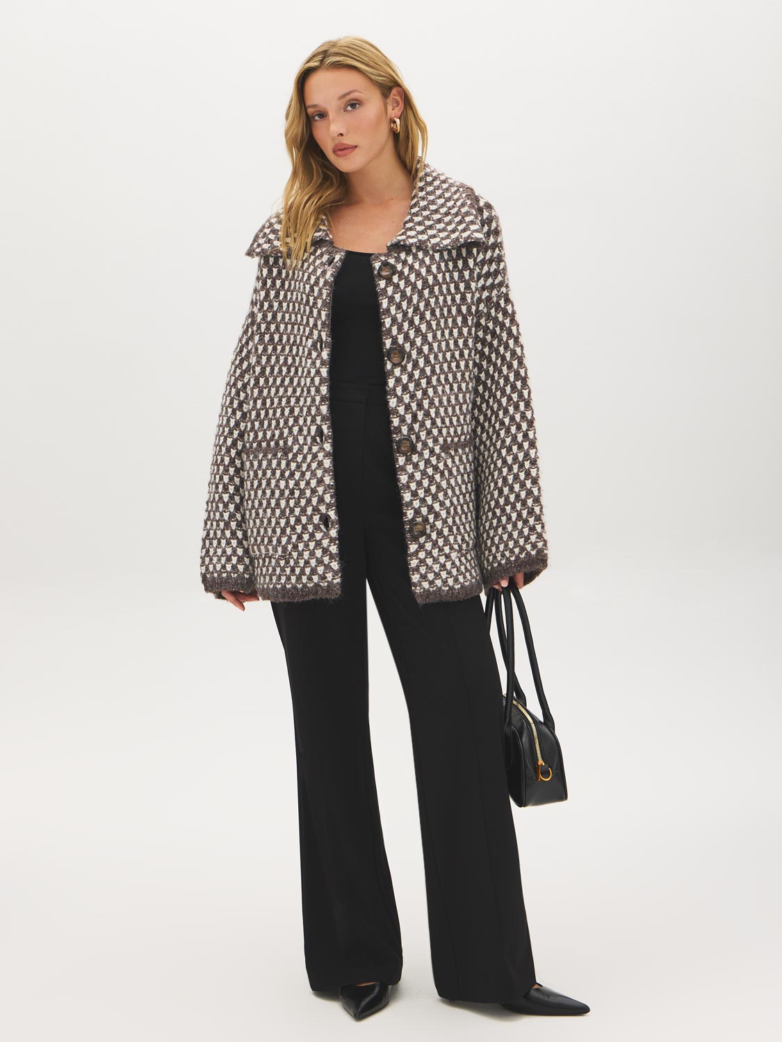 Coffee/Beige Melange Chunky Jacquard Cardigan - Front View - Suzy Shier