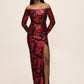 Red/Black Off-Shoulder Sequin Gown with Illusion Sleeves - Woman Wearing Formal Evening Dress - Le Chateau