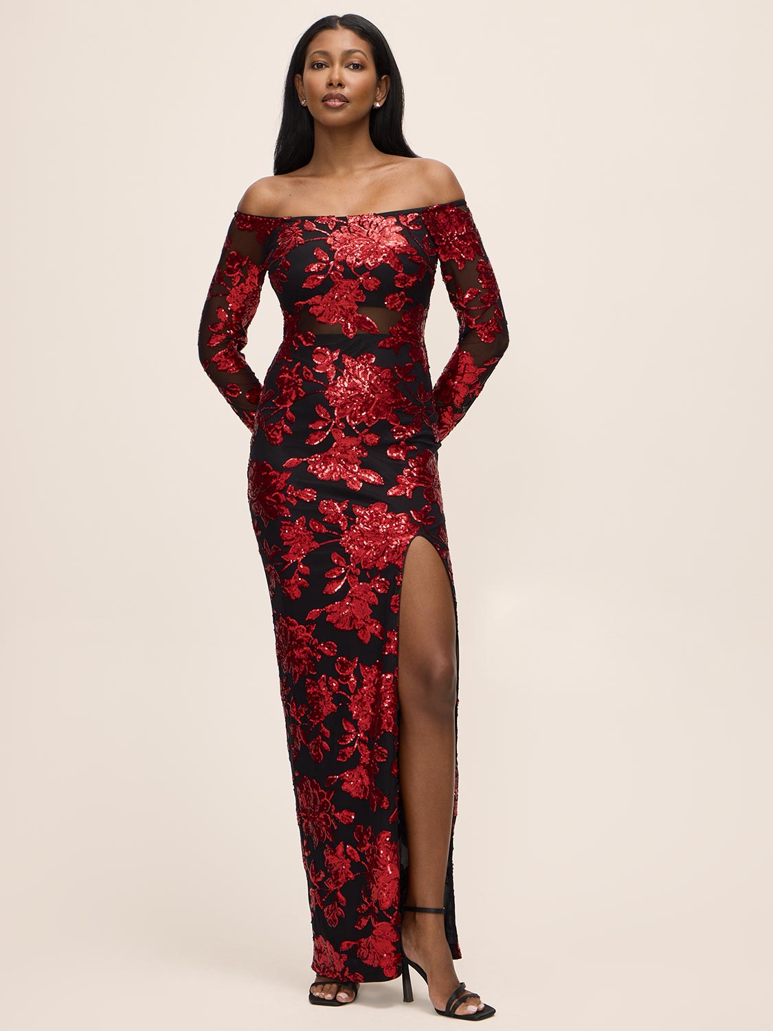 Red/Black Off-Shoulder Sequin Gown with Illusion Sleeves - Woman Wearing Formal Evening Dress - Le Chateau