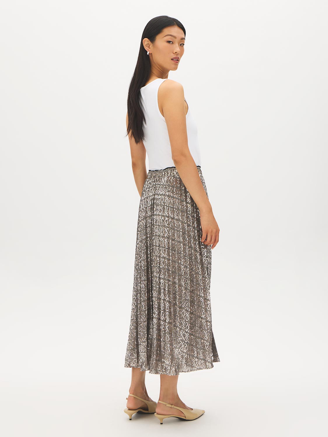 Gold and Silver Metallic Pleated Sequin Skirt - Side Profile View - Suzy Shier