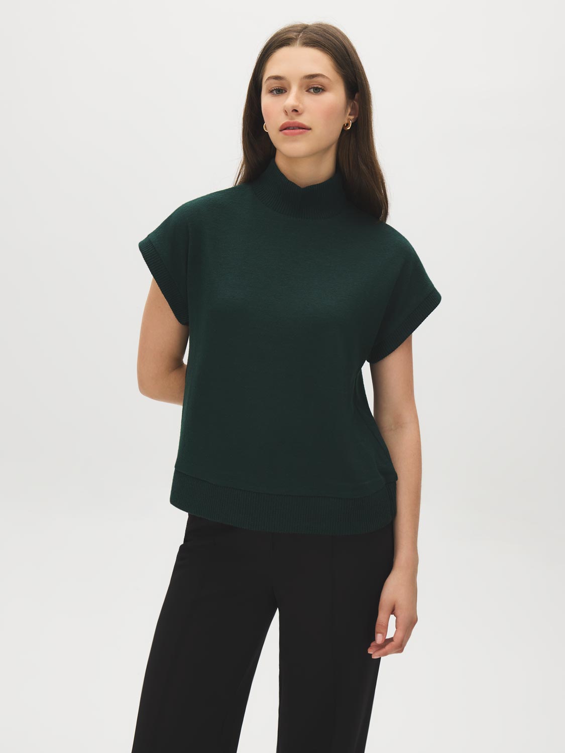 Scarab Melange Mock Neck Top with Dolman Sleeves - Woman Wearing Ribbed Detail Knit Top - Suzy Shier