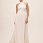 Antique Cream Sleeveless Satin Gown with Flared Hem - Front View - Le Chateau
