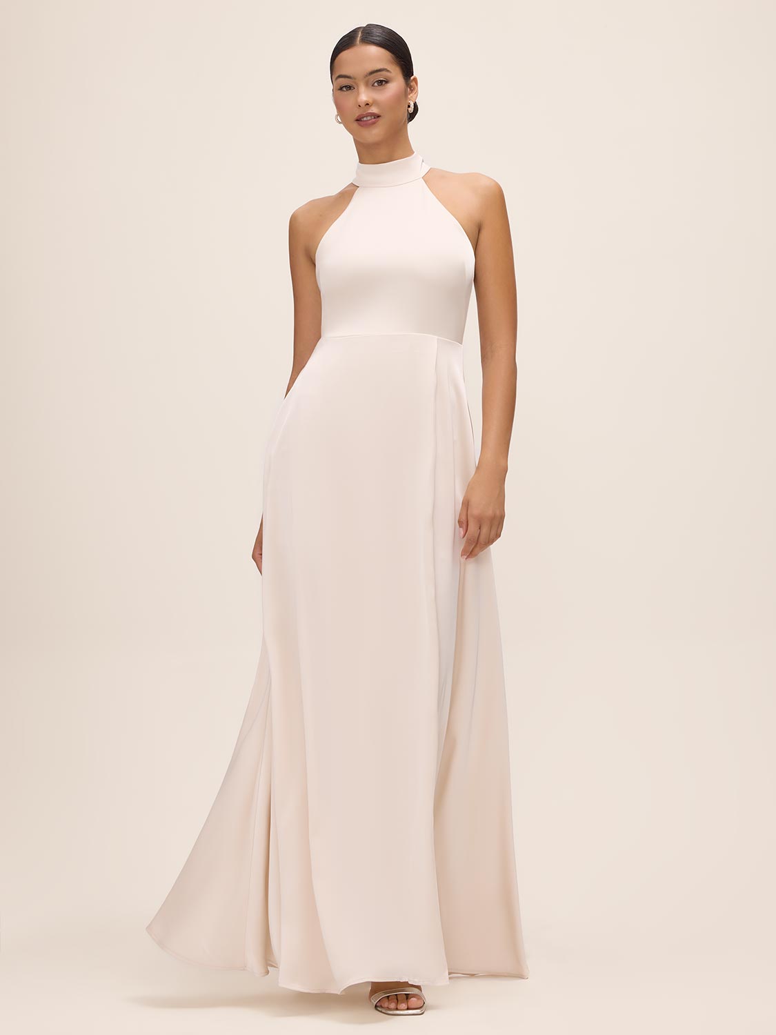 Antique Cream Sleeveless Satin Gown with Flared Hem - Front View - Le Chateau