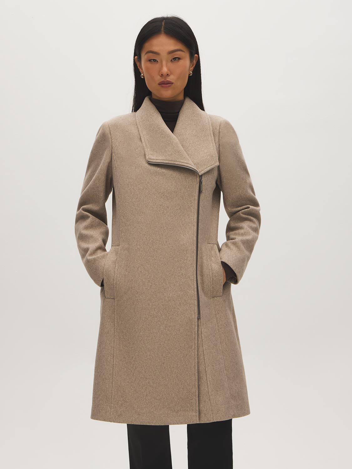 Taupe Melange Asymmetrical Zip Faux Wool Coat - Woman Wearing High Collar Winter Outerwear - Suzy Shier