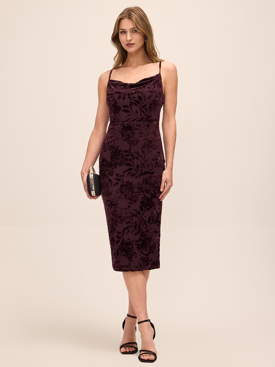 Black Cherry Burnout Floral Velour Sheath Dress - Woman Wearing Cowl Neck Evening Dress - Le Chateau