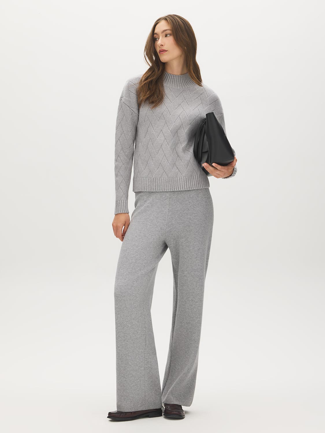 Cloud Gray Diagonal Stitch Mock Neck Sweater - Front View - Suzy Shier