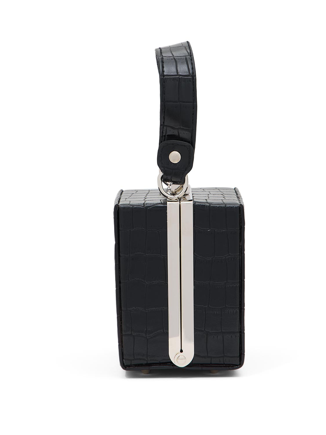 Black/Silver Faux Leather Croco Minaudi e8re - Side Profile View - Le Chateau