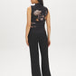 Jet Black Floral Print Mesh Funnel Neck Top - Back View - Suzy Shier