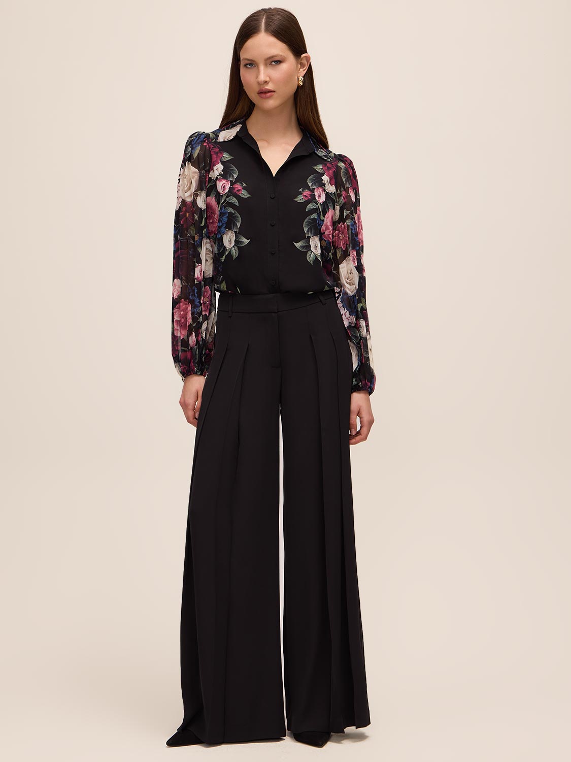 Black Print Placement Floral Blouse - Front View - Le Chateau
