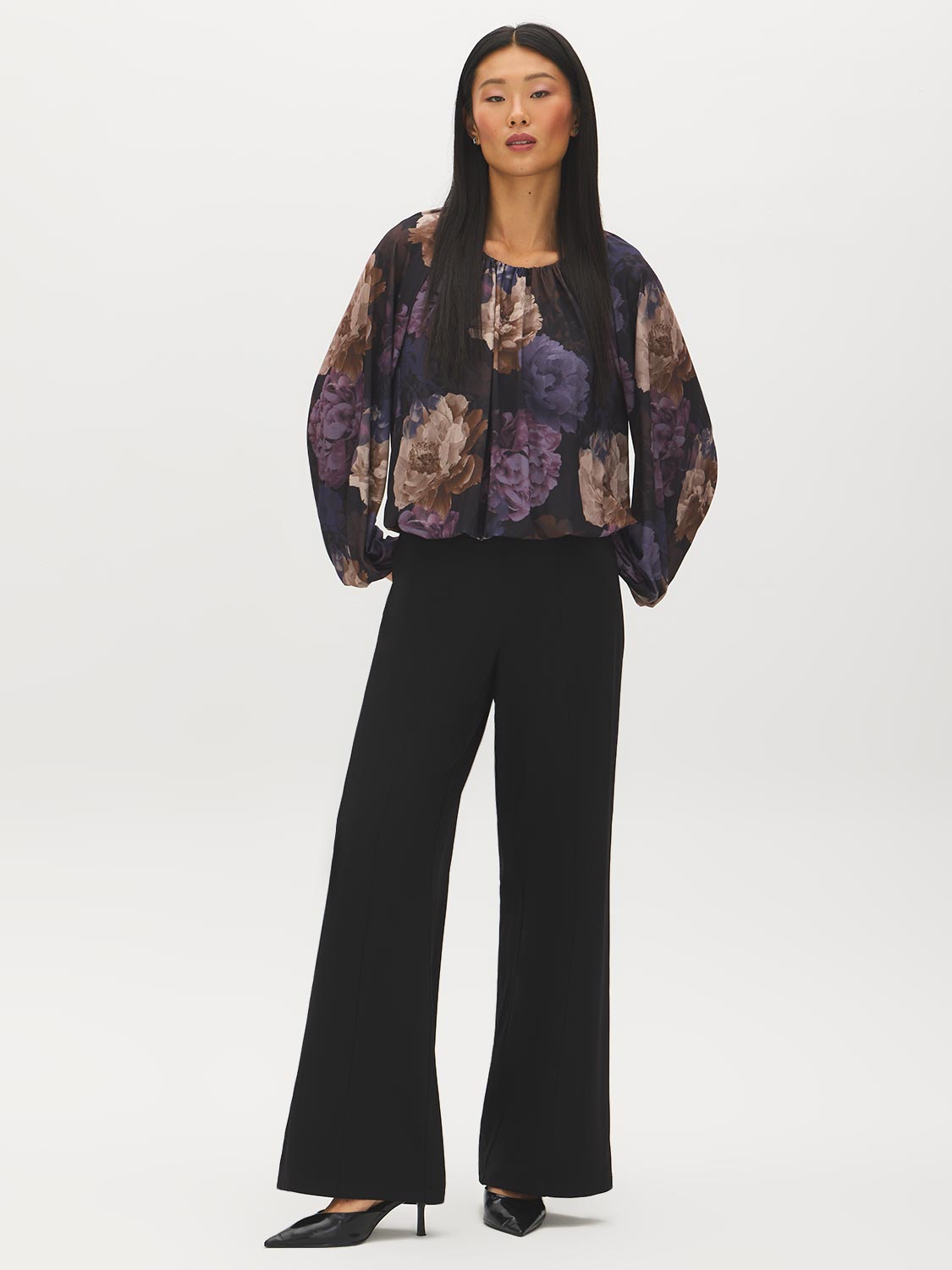 Prune Floral Mesh Bubble Top with Balloon Sleeves - Front View - Suzy Shier