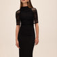 Black Knit Crepe Sheath Dress with Mesh Cape Overlay - Front View - Le Chateau