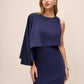 Dark Sapphire Satin Slip Popover Dress with Asymmetric Cape - Front View - Le Chateau