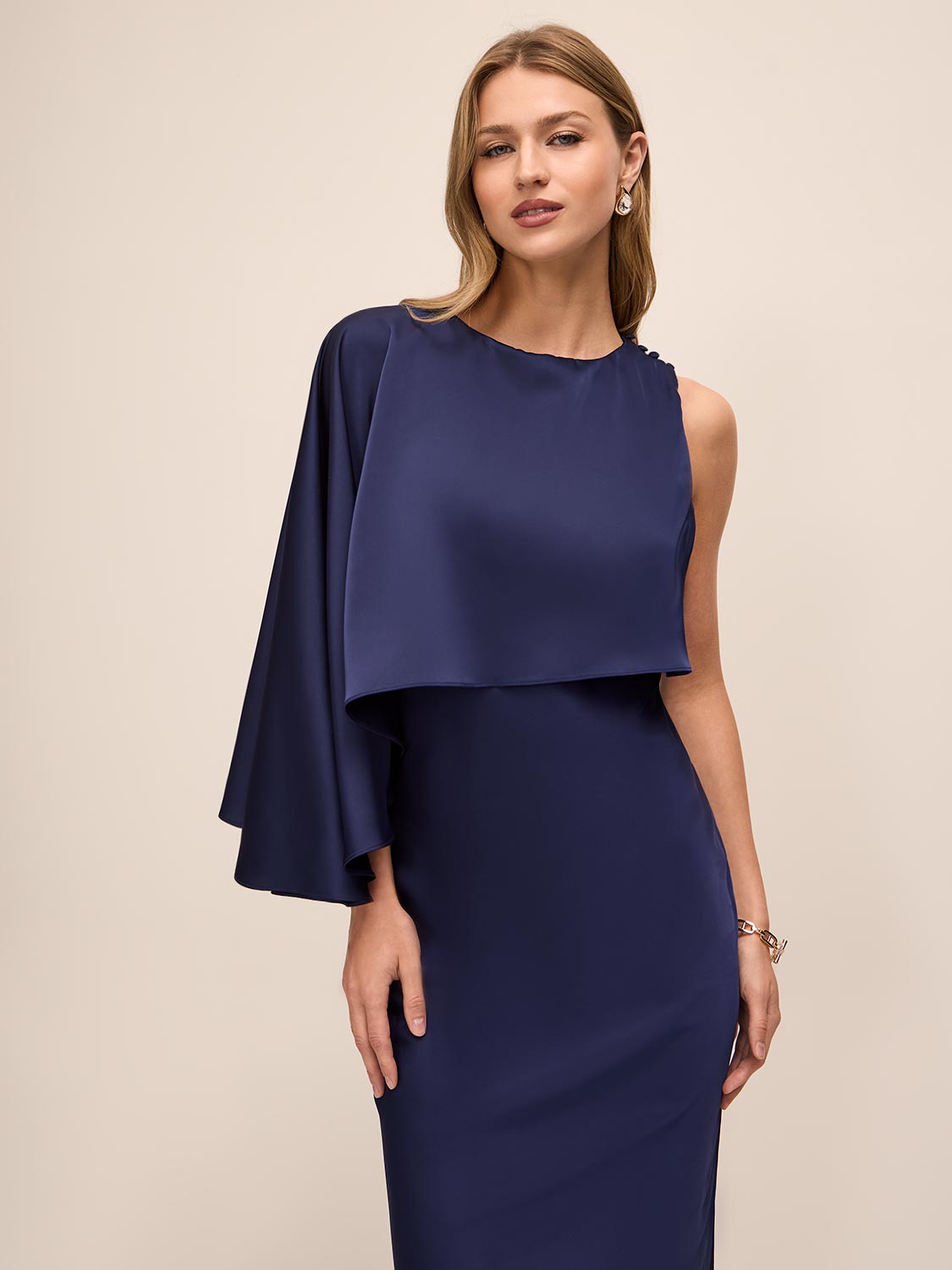 Dark Sapphire Satin Slip Popover Dress with Asymmetric Cape - Front View - Le Chateau