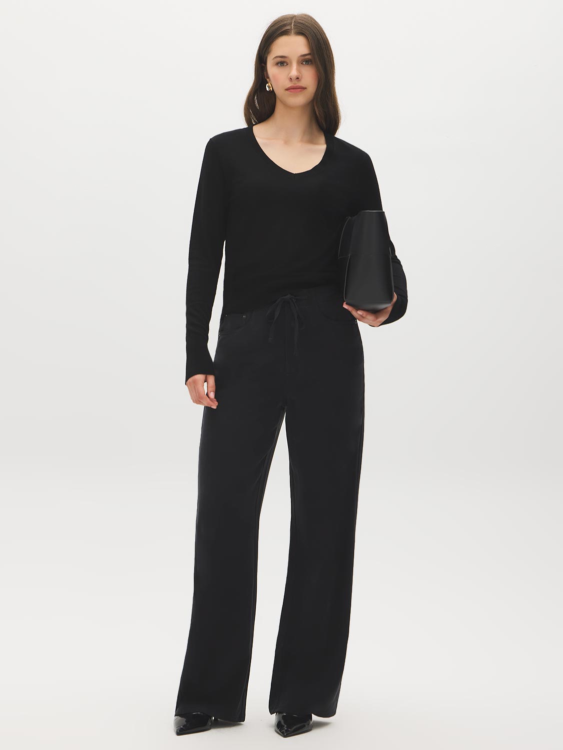 Black Brushed Tencel Straight Leg Pant - Woman Wearing Relaxed Fit Trousers - Suzy Shier