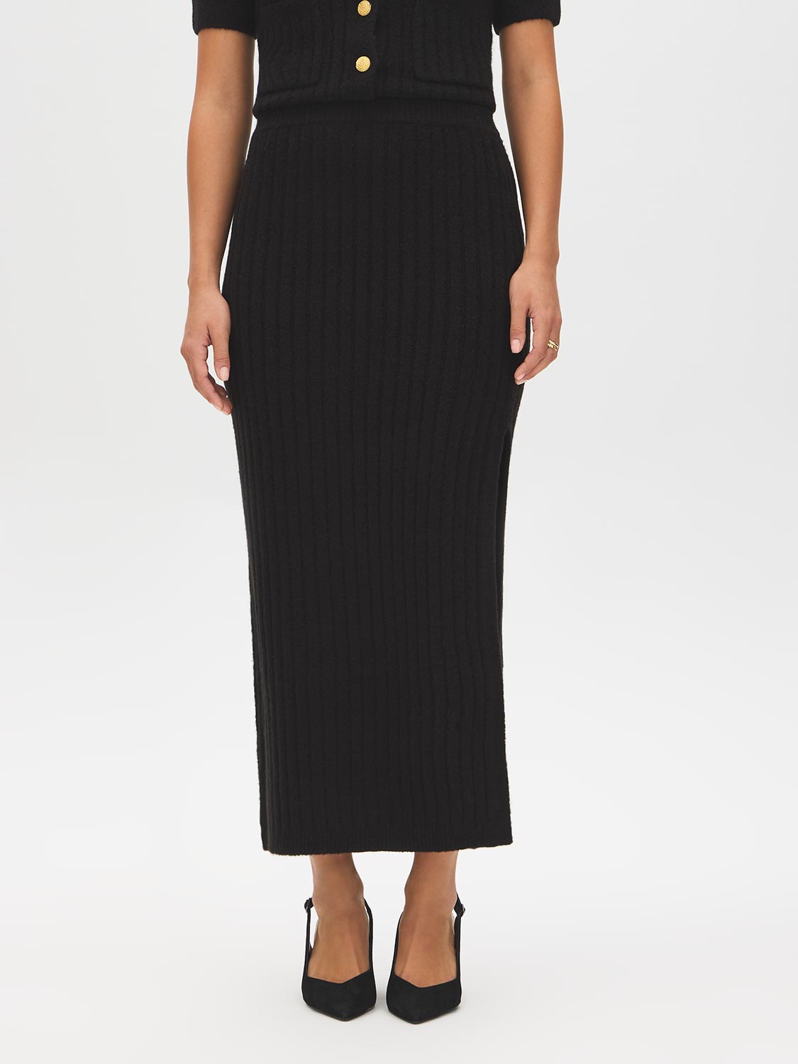 Bruised Burgundy Melange Ribbed Knit Sweater Skirt with Side Slit - Front View - Suzy Shier