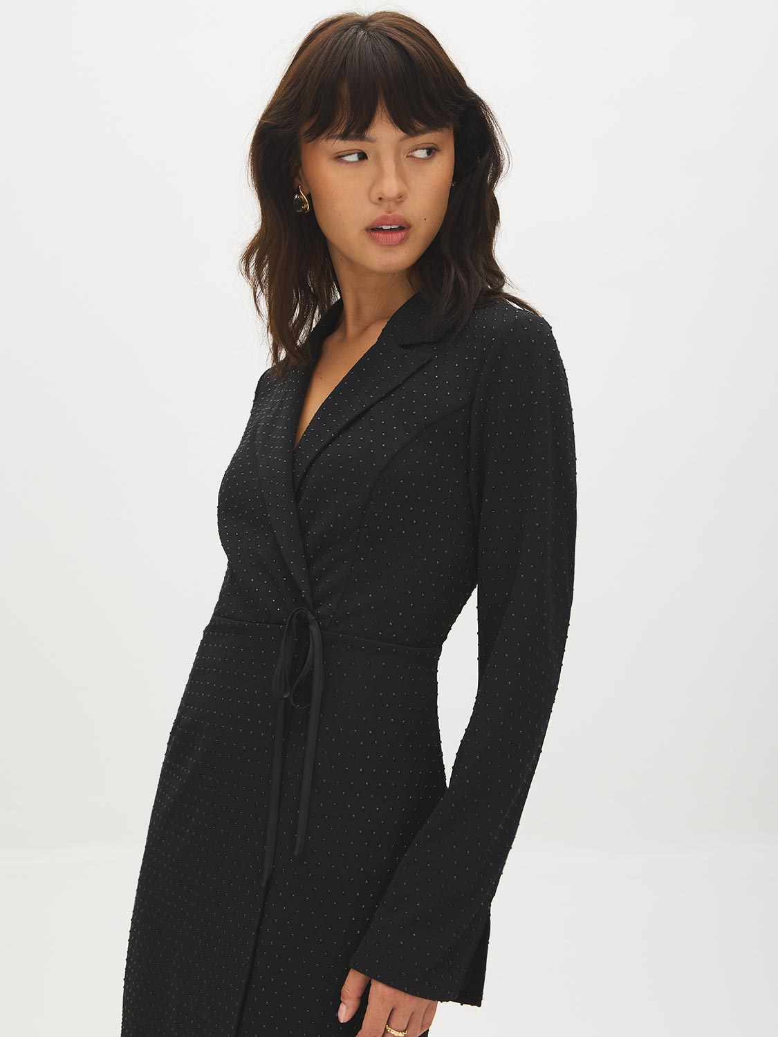 Black Studded Blazer Dress with Notch Collar - Side Profile View - Suzy Shier
