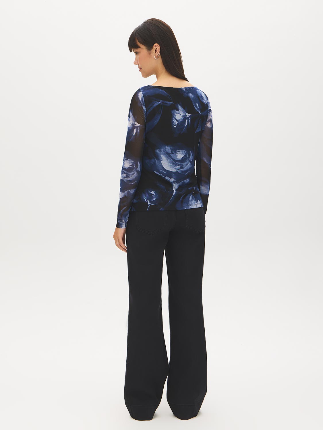 Jet Black Floral Mesh Boat Neck Top - Back View - Suzy Shier