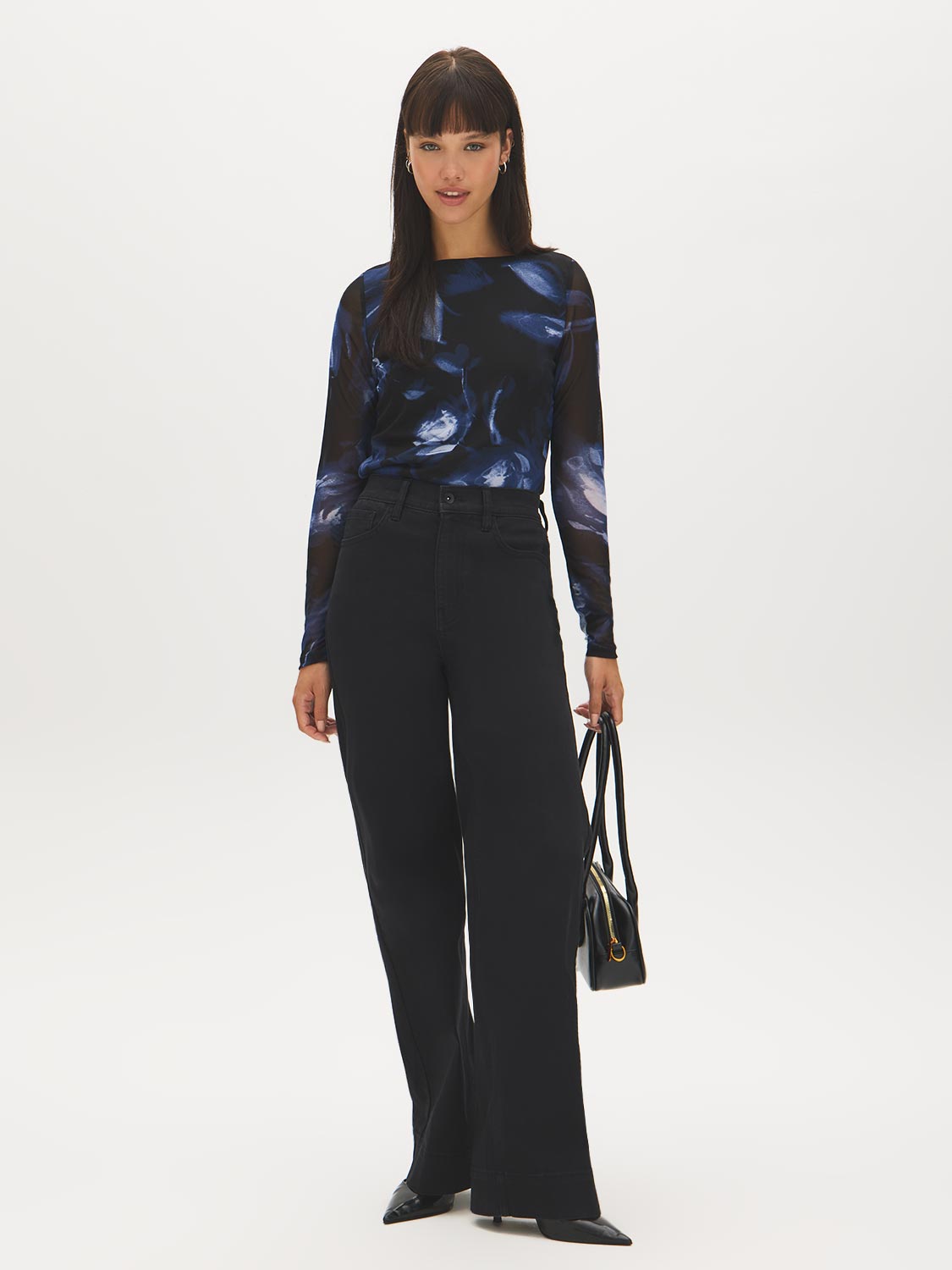 Jet Black Floral Mesh Boat Neck Top - Front View - Suzy Shier