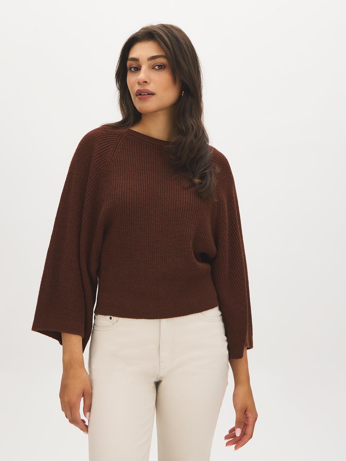 Chocolate Fondant Ribbed Shaker Stitch Sweater - Side Profile View - Suzy Shier