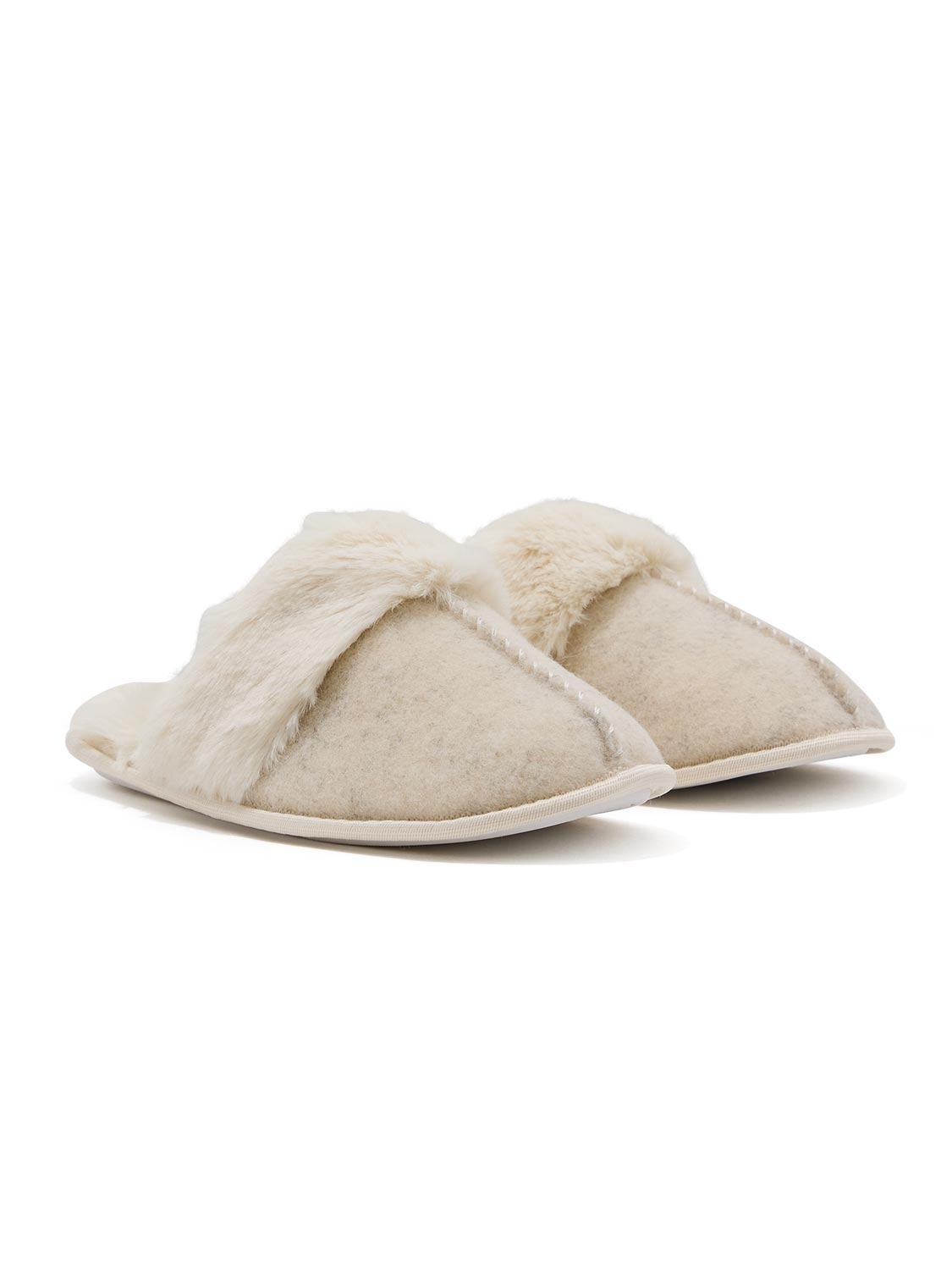 Natural Melange Faux Wool Slipper with Faux Fur Insole - Angled Pair View - Suzy Shier