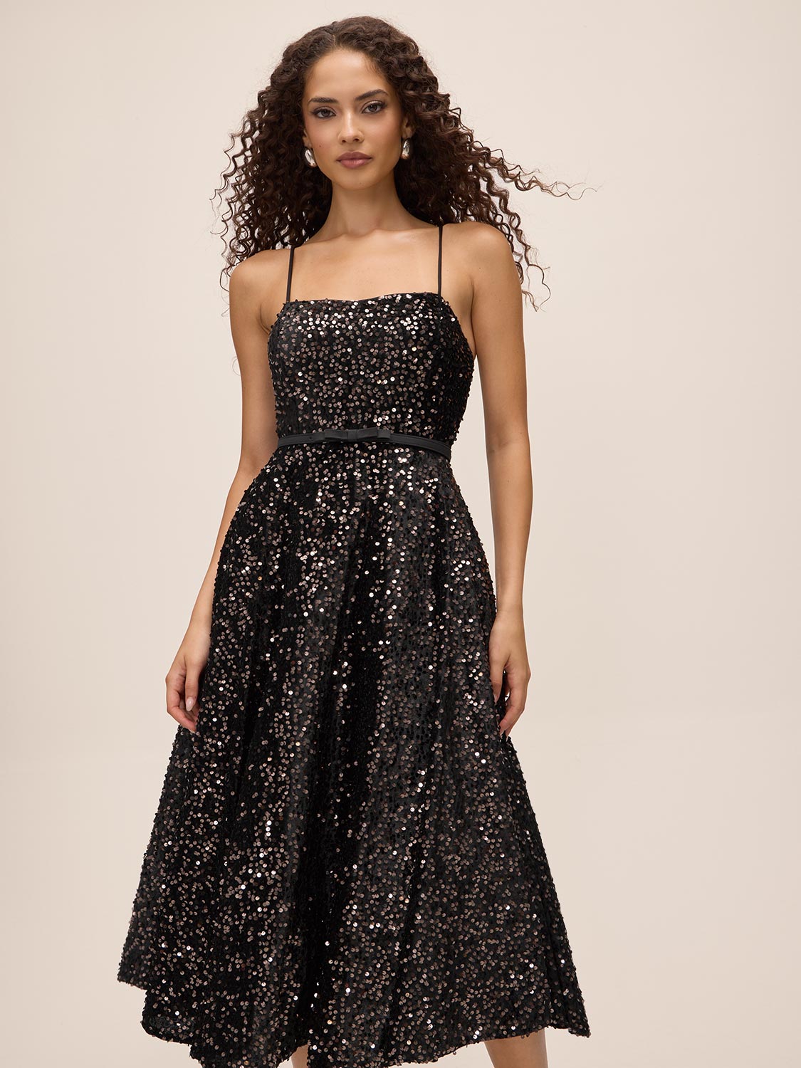 Charcoal Velvet Sequin Fit & Flare Midi Dress - Front View - Le Chateau
