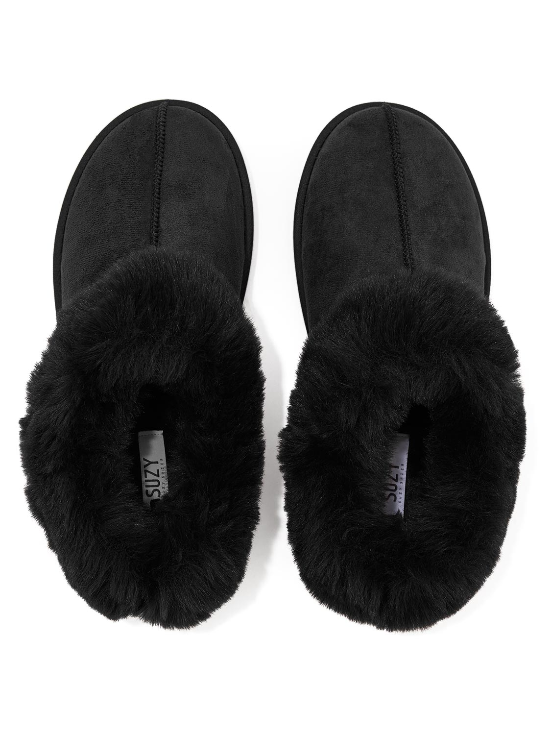 Black Faux Suede Slippers with Faux Fur Insole - Top View - Suzy Shier